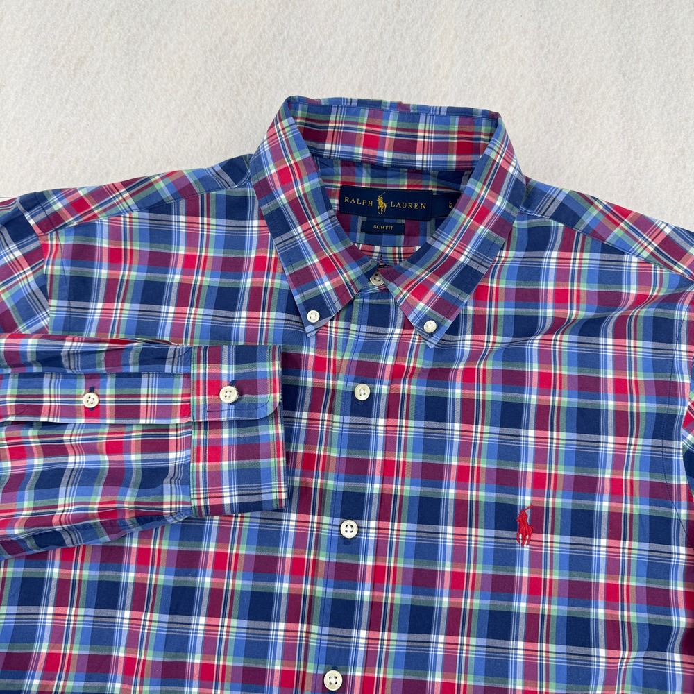 Ralph Lauren Mens L Slim Fit Long Sleeve Button Down Blue/Red Plaid Preppy